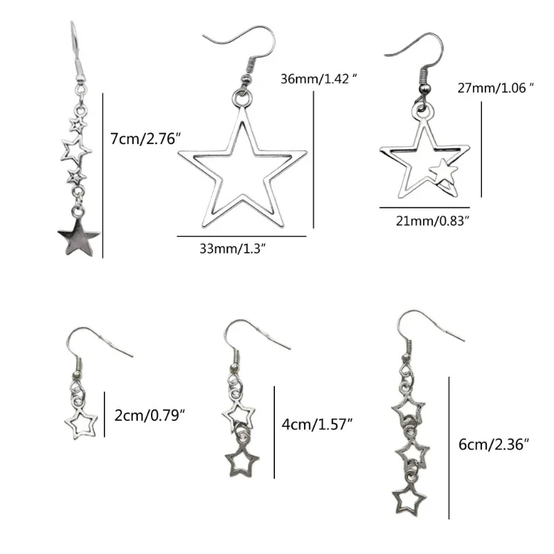 6 чифта обици Y2K с отложено във формата на звезда, набор от обеци за жени и момичета, подаръци с висулки във формата на ушите Pentastars