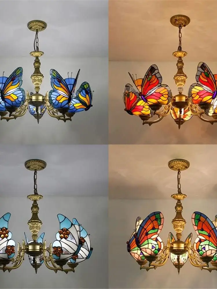 висящи Светещи Витраж лампи в стил Тифани с Абажуром под формата 3 Пеперуди Тавана лампа в Класически Винтажного дизайн за помещения
