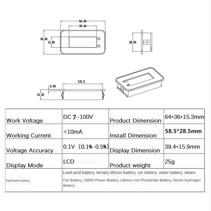 Дигитален тестер от капацитета на батерията 2X7-100V, Измерване на напрежение на монитора на батерията, температурата ключ за автомобилни кораби, без водонепропускливост