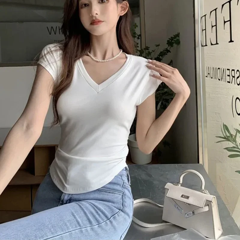 Лятна Корея, модна тениска на Y2K, дамски Секси Японската тениска с V-образно деколте дамски Тънък Облегающая тениска, Дамски блузи Cothes Kop