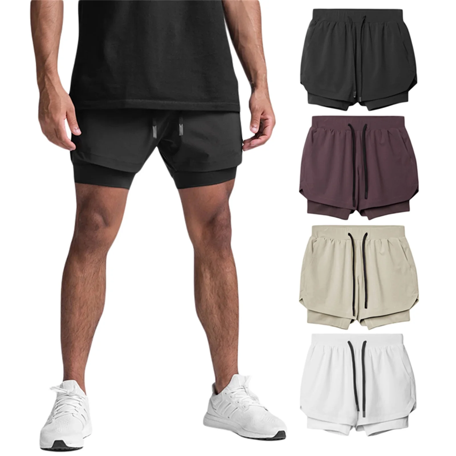 Мъжките ежедневни панталони, Двуслойни фалшиви къси панталони с еластичен ластик на кръста, къси панталони за маратон, баскетбол, фитнес, бързо съхнещи шорти