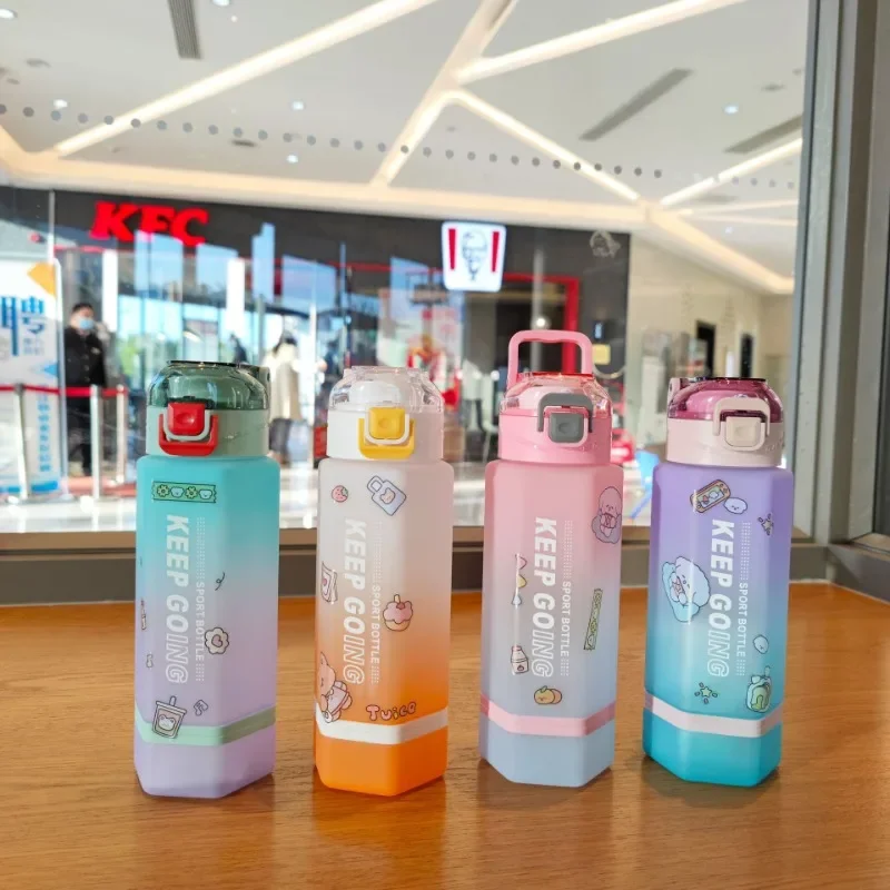 Оцветен Градиент Matte Шестоъгълен креативна пластмасова бутилка за вода, с удобен за носене дръжка, директен бутилка за напитки с диагонал гърло