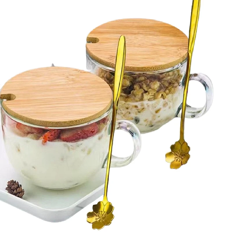 Прозрачни чаши за пиене с дръжка, с бамбукови капаци и двойна в цвят череша, за чай, зърнени закуски, кисело мляко
