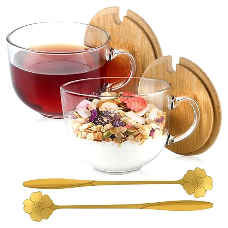 Прозрачни чаши за пиене с дръжка, с бамбукови капаци и двойна в цвят череша, за чай, зърнени закуски, кисело мляко