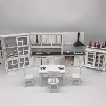 1: 12 Мини-бяла кухненски мебели Куклена къща Кухненската маса и стол Аксесоари за куклата къща Шкаф за мивка; Шкаф за играчки