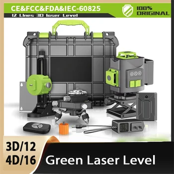 4D 16-лайн 3D 12-лайн зелен лазер ниво на Хоризонтални и Вертикални Кръстосани линии, супер мощен лазерен ниво