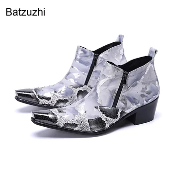Batzuzhi/ Сиви Вечерни/Сватбени Мъжки Обувки Botas Hombre На висок ток 6,5 см, за Мъже Ботильоны От Естествена Кожа С Остър Метален пръсти
