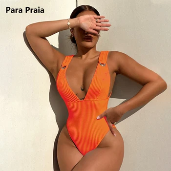 Para Praia Секси цял бански с дълбоко V-образно деколте 2023, бански костюми за жени, секси бански с високо изрязано, Монокини с висока талия
