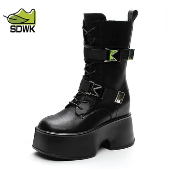 SDWK, кожени ботуши на средна дължина на дебелото платформата 11 см, женски престрелки ботуши в стил ретро пънк, увеличаване на растежа, готик пънк, дамски обувки с катарама