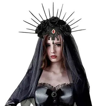 Булчинската рокля за Хелоуин, превръзка на главата си с воал, Готическата короната на окото, Черна роза, ретро, Европа и Америка, Коледна ролева игра, одевалка