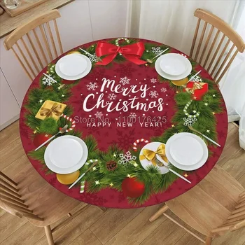 Весела Коледна гирлянда, кръгла покривка с еластични ръбове, Златна Коледна елха, Декоративна покривката за кухненската маса за хранене