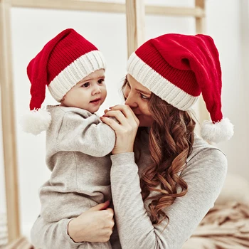 Вязаная детска Коледна шапка, скъпа вязаная шапка с помпоном за възрастни, мека шапчица Дядо-Коледа, нова година подаръци за децата, Коледна украса