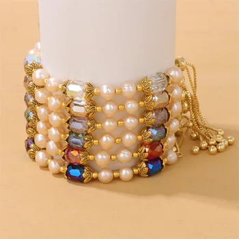 Гривна от естествени перли, с неправилна форма, Правоъгълни Крайни кристали AB, Распорные гривни от мъниста, Регулируема гривна-верига за жени, женски