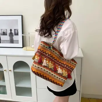 Дамска чанта за през рамо в етнически стил с бродерия в ивица и пискюли, холщовая чанта-тоут, чанта за количка, чанта за съхранение