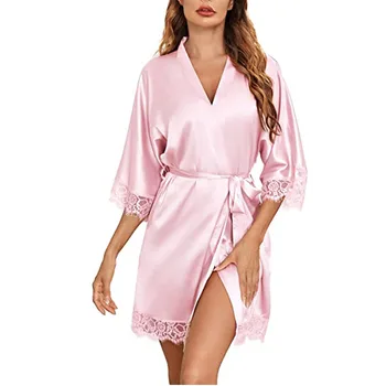 Дамски сатенени халати за баня-кимоно, коприна кратък халат за шаферките, халат за бельо, S-XXL