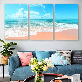 Диамантена живопис Пълна Кръгла, Квадратна Мозайка с романтичен Плаж на гледката, 3 предмет, 5D Диамантена бродерия 