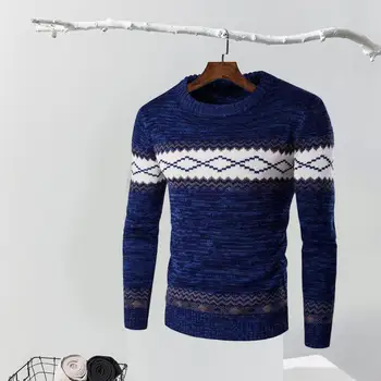 Дизайнерски пуловер с геометричен принтом, мъжки пуловер в етнически стил, топъл оборудвана вязаный пуловер за есента и зимата мъже Slim Fit