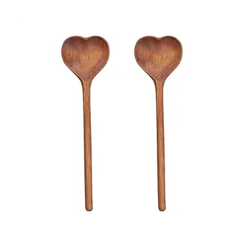 Дървени лъжици във формата на сърце-Комплект дървени Чай/Кафе лъжици (2 елемента) - Малки Дървени лъжички за подправки, Сол, захар