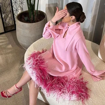 Елегантни розови вечерни рокли за арабските жени Дубай, прави рокли чай дължина с висока воротом на бала нощ, специални събития, Сватба, Новост