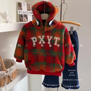 Есенно-зимни дрехи за момичета, Корейски, блузи с качулка, с писмото принтом за момичета, модерен детски сгъсти пуловер, палто от 2 до 7 години