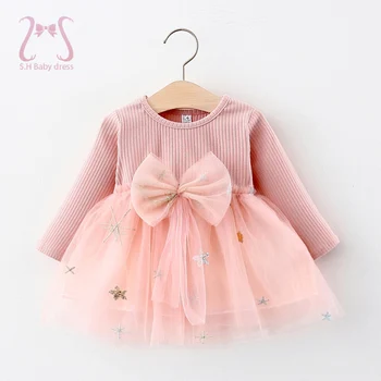 Есенното облекло за деца на окото с лък и дълъг ръкав, рожден ден, вечерни рокли на принцеси за малки момичета, детски костюм от 0 до 3 години