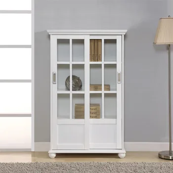 Етажерка гардероб с плъзгащи се стъклени врати, бялата дървена лавица за книги За съхранение на книги
