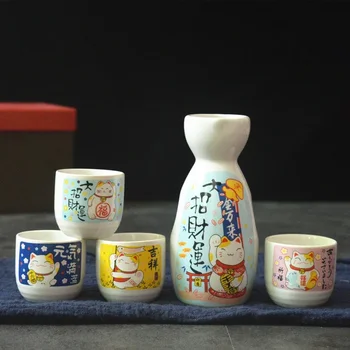 За вино от 5 теми, Японски Керамичен комплект Саке Maneki Neko (1 бутилка ТОККУРИ 200 мл и 4 Чаши ОЧОКО), Посуда за напитки Лъки Котка