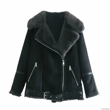 Зимните кадифени якета за жени, палто с яка-ботуш с цип от изкуствена кожа, свободна зимни топло кожено яке за жени с колан