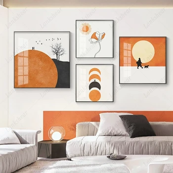 Картина върху платно в скандинавски оранжево стил на Слънцето, Луната, цветята, двойка, геометричен кръг, декорация на дом, модулни плакати и щампи Cuadros Decor