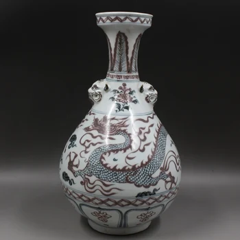 Керамична ваза Цзиндэчжэнь, червено-бяла настолна ваза за цветя с дръжки, ваза за крушки, ваза за цветя в азиатски стил с дракон, ваза за цветя в хола