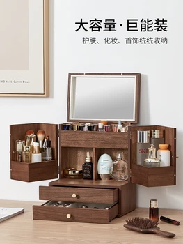 Козметичен кутия за съхранение от орехово дърво, дървени висококачествени прахоустойчив домакински скрин с голям капацитет, работно бюро с огледало