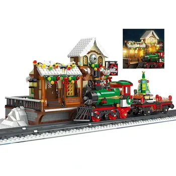 Коледен подарък, Селска гара, набор от градивни блокове, Градски модулен дом, играчки за възрастни и деца, Тухли, събрана модел с подсветка
