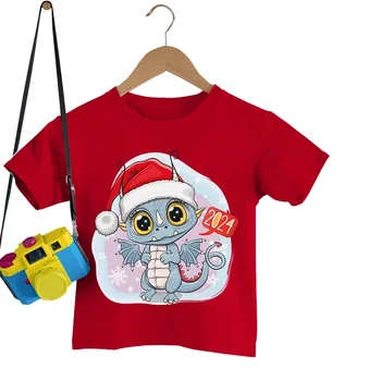 Коледна Тениска с Принтом Дракон За момчета, Забавна Коледна Детски Дрехи, Лятна Риза За Малки момичета, Блузи, Коледни Тениски с къс ръкав