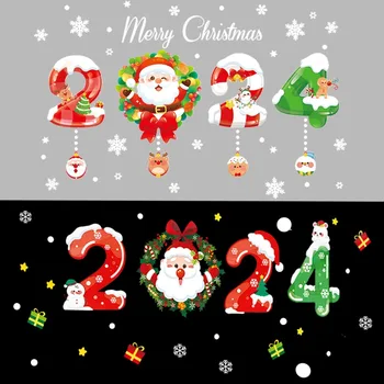 Коледни украси, лепенки за прозорци, Дядо Коледа, Водоустойчиви стикери от PVC за дома, хол, Коледни украси на стени, честита Нова Година