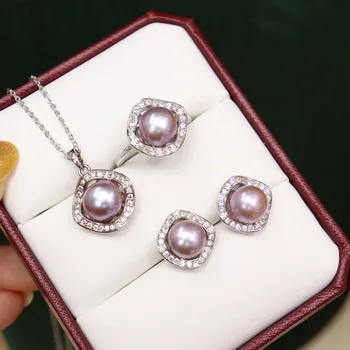 Колие от естествени перли, 8-9 мм, изящни сребърни обеци-карамфил и пръстен, медальон накити, комплект от три елемента
