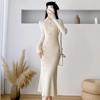 Корейски модни плътно Прилепнали Плетени рокли Midi за жени 2023, Новият Есенен Елегантна Секси Тънък Черен пуловер с дълъг ръкав, Дамски дрехи