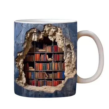 Креативна чашата на рафта с книги, с 3D визуален ефект Изящни керамични кафеена чаша, идеални подаръци за рожден ден и Коледа за любителите на четене