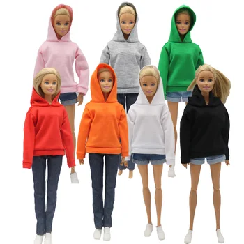 Къса hoody с кукольной дрехи 29 см за облекло на Барби, аксесоари за кукли 1/6, Монофонични Свободен пуловер с качулка, комплект дънкови шорти.
