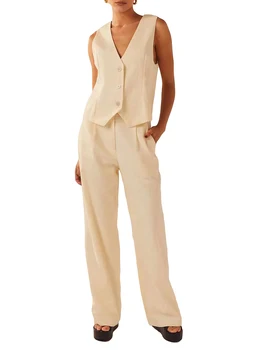 Модерен женски жилетка без ръкави с V-образно деколте, монофонични жилетка копчета, връхни дрехи, жилетка за всеки ден на уличната дрехи