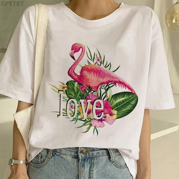 Модна тениска с принтом Flamingo Love Harajuku, дамски Блузи Големи размери, Тениска, Лятна Ежедневни Бяла тениска с къс ръкав, Дамски