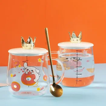 Мультяшная стъклена чаша с подбрани чаша във форма на короната, Красиви чаши за кафе за пиене, Безплатна доставка, Чаши, Персонализиран подарък чаша