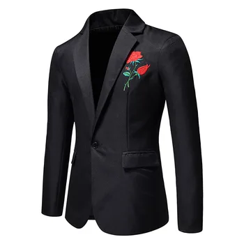 Мъжки блейзър с цветна бродерия Black Rose, марка 2024, Оборудвана блейзър на една пуговице, мъжки костюм за парти, костюм на певицата Homme