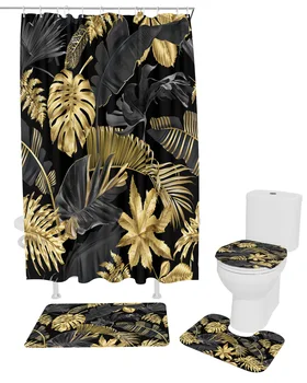Набор от завеси за душ със златни листа на черен фон, нескользящие подложки, подложка за баня, капака на тоалетната чиния, водоустойчива душ завеса за баня от полиестер