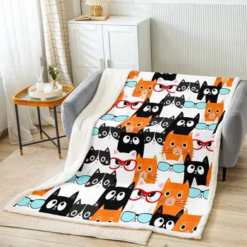 Одеало Шерпа с сладък котка, Флисовое одеяло с анимационни котка за деца, момчета, момичета, деца, Плюшевое одеяло с сладък коте, Ултра