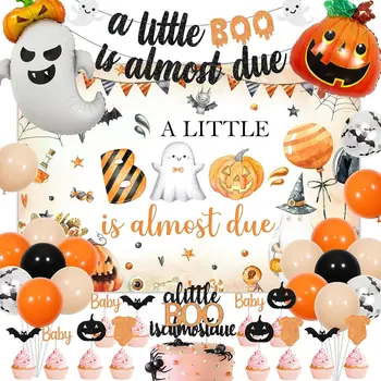 Оранжеви и черни декорации за детската душа на Хелоуин, скоро ще се появи на малкия Бу, на банер, на фона на балони с тиква-призраци-прилепи мишки