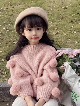 Патронник пуловер, Пролет-есен, нова корейска дрехи за момичета с ръкави-фенерчета, детски дрехи с кичури вълна, Однотонная, плиссированная, на Живо