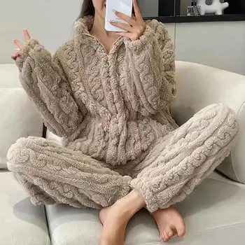 Плюшено пижамный комплект, уютна зимна пижама с яка-часова, козината на домашни дрехи с дълги ръкави и цип от плътен плюшени приятна текстура