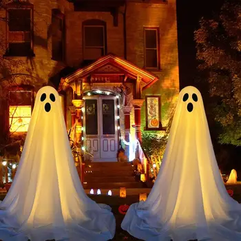 Призрачен декор за Хелоуин с духове, светещи ремък, управлявана входна врата, веранда с духове, украса за вътрешния двор на Хелоуин
