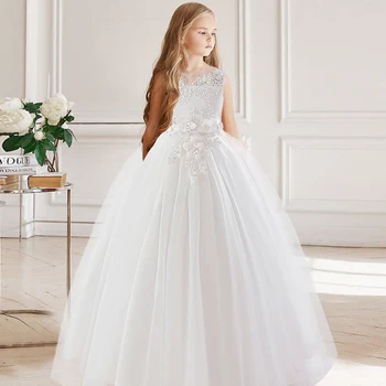 Принцеса рокля за момичета, детски официална церемония, Дълъг бала, бяла парти, Vestidos, Цветя за сватба, Елегантна рокля на шаферка