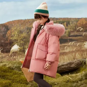 Пуховик за момичета, Нова зимна детска hoody с кожа яка, топло палто със средна дължина, 2023, модерно утолщенное пуховое палта за момичета